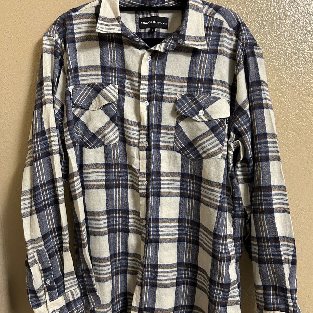 Molokai surf co. Men’s Blue and White Plaid Button-Up Shirt long sleeve size L